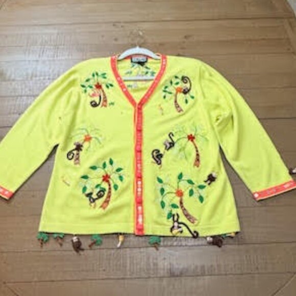 Berek Monkey Jungle Embroidered Cardigan Sweater Yellow Button Front Size Medium - Picture 8 of 15
